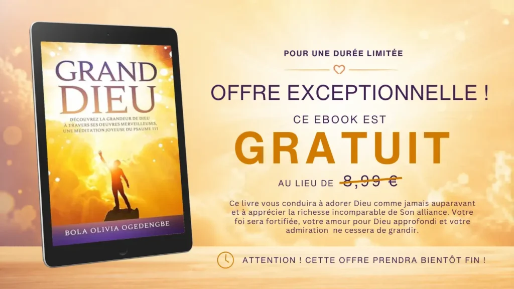 Ce livre gratuit vous conduira à adorer Dieu comme jamais auparavant et à apprécier la richesse incomparable de Son alliance. Votre foi sera fortifiée, votre amour pour Dieu approfondi et votre admiration pour Sa grandeur ne cessera de grandir.